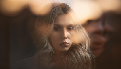 Naklejka premium Dreamy portrait of beautiful adult woman, generative ai