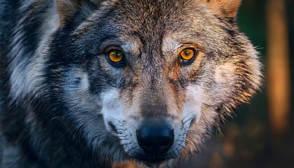 Obraz premium Extreme close-up of a gray wolf's face, golden eyes glowing in soft twilight, fur details visible, with a blurred forest background.