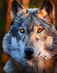 Extreme close-up of a gray wolf's face, golden eyes glowing in soft twilight, fur details visible, with a blurred forest background.