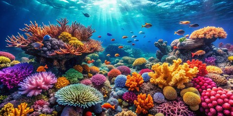 Vibrant Coral Reef Teeming with Colorful Marine Life and Diverse Underwater Plants, Perfect for Nature Lovers and Ocean Enthusiasts