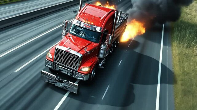 A red semi truck is in the middle of a fiery crash