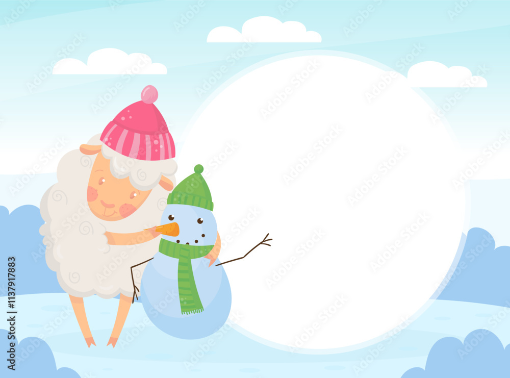 Poster note card with funny sheep farm character with wooly body and hoof vector template