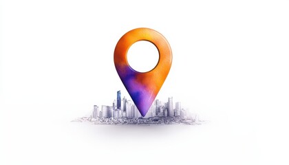 A colorful location pin overlays a city skyline, symbolizing navigation and location services in an urban environment.