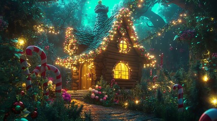 Fototapeta premium A stunning Christmas scene featuring a log house adorned with twinkling lights, nestled within a fantastical forest. Cartoonish spruces