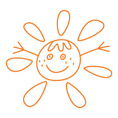 Cute happy sun with funny smiling face. Hot summer weather icon in doodle style. Children's Scandinavian drawing.