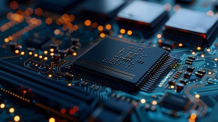 Close-Up View of a Microchip on a Circuit Board with Glowing Lights