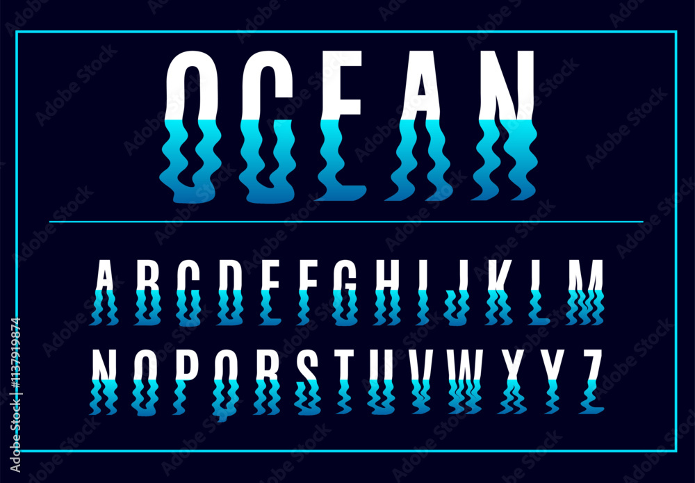 Fototapete wavy liquid font. letters and numbers going under water. soft lines silhouettes. smooth zigzag conto