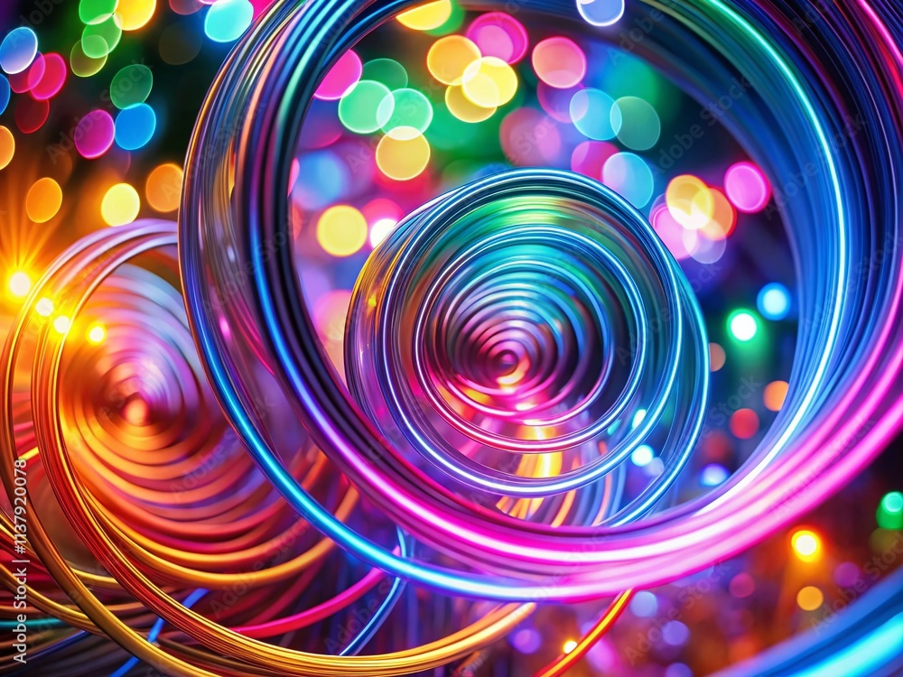 Poster vibrant neon lines creating abstract spirals and curves with bokeh effect for dynamic backgrounds an