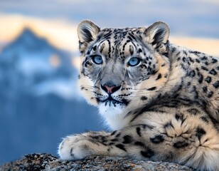 Obraz premium Snow leopard lying on a rocky surface, extreme close-up of its face with piercing blue eyes and soft fur, surrounded by a snowy mountain range