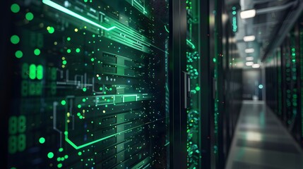 Futuristic Data Center with Green Lights and Circuit Patterns
