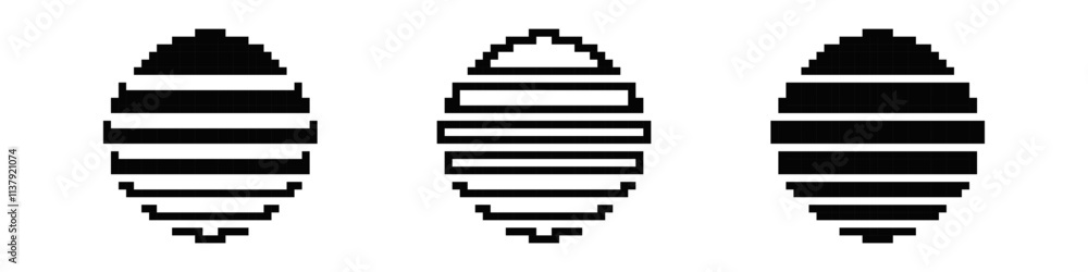 Poster three pixelated ovals with varying black and white stripes, aligned in a horizontal row.