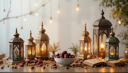 Obraz premium Ramadan Lantern Display with Quran and Dates, Generative AI