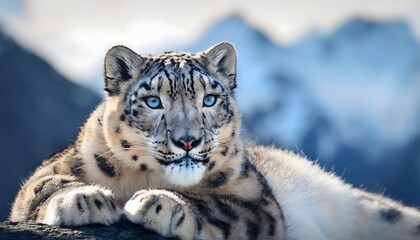 Fototapeta premium Snow leopard lying on a rocky surface, extreme close-up of its face with piercing blue eyes and soft fur, surrounded by a snowy mountain range