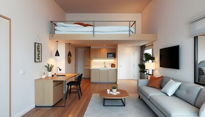An elegant studio apartment showcasing a clever layout with a sleeping loft, a compact kitchenette, and a stylish living area adorned with minimalist decor.