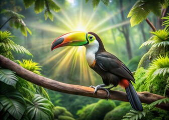 Obraz premium Vibrant Toucan Bird on Branch, Tropical Rainforest, Wildlife Photography, Rule of Thirds Composition, Colorful Bird Image