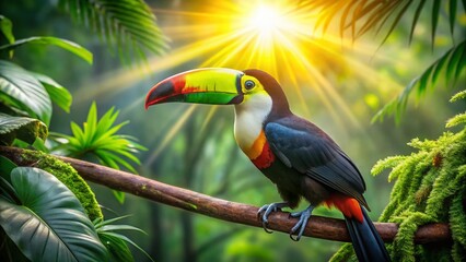 Obraz premium Vibrant Toucan on Branch, Bokeh Background, Tropical Bird, Rainforest Landscape Photography