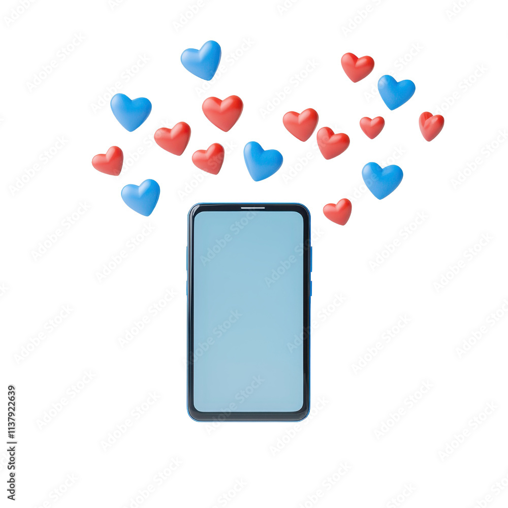 Poster a smartphone displaying a blank screen with colorful hearts floating above it, conveying a theme of 