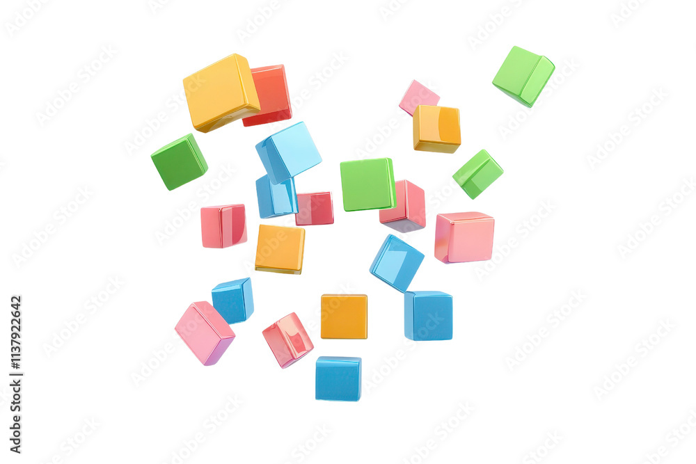 Poster colorful, assorted cubes in various sizes scattered in a dynamic arrangement.