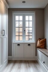 Fototapeta premium Light-filled hallway with window seat, built-in storage, and wooden floor.