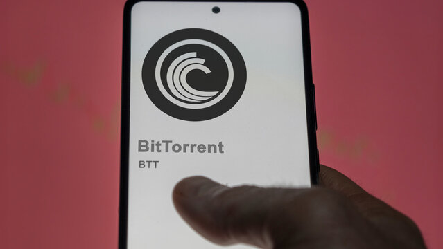 Close up on logo of (BTT) BitTorrent crypto asset on the screen of an exchange. (BTT) BitTorrent price stocks, $BTT on a device.
