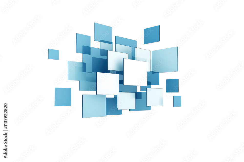 Poster a dynamic arrangement of overlapping blue and white squares creating a visually striking geometric d