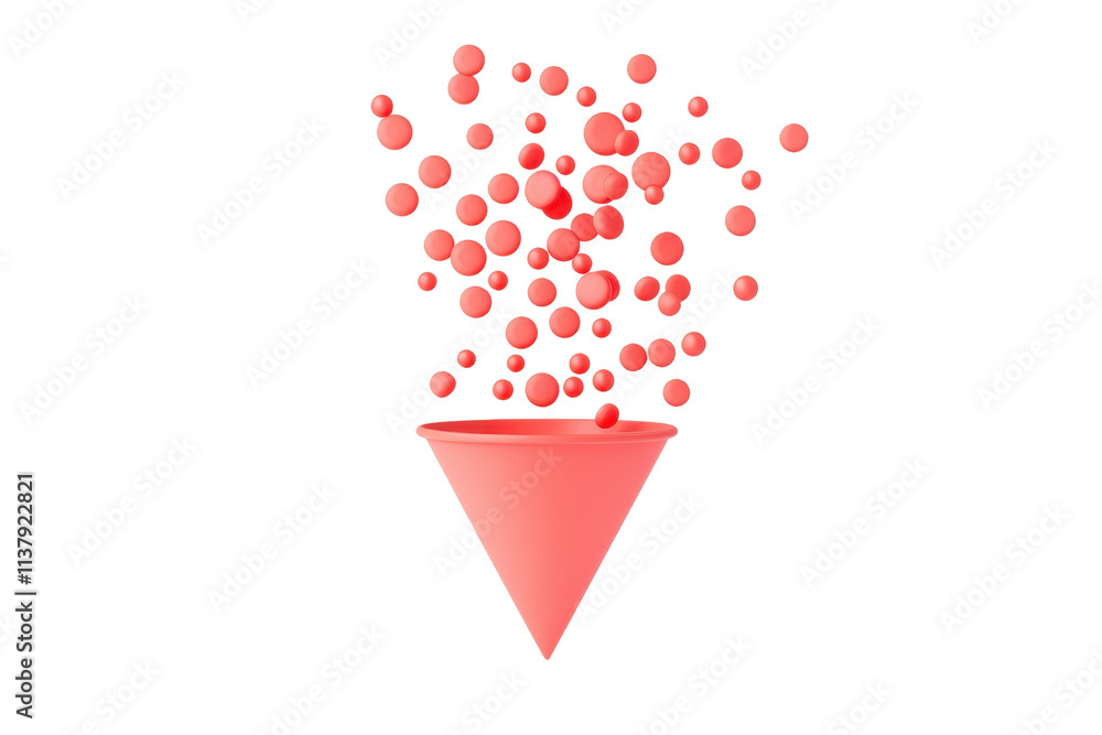 Poster a pink cone spills numerous small spheres, creating a dynamic and playful visual effect.