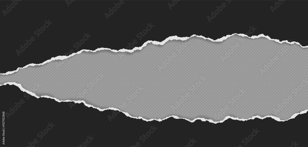 Poster black piece of paper with torn edges and soft shadow are on grey background for text or ad.