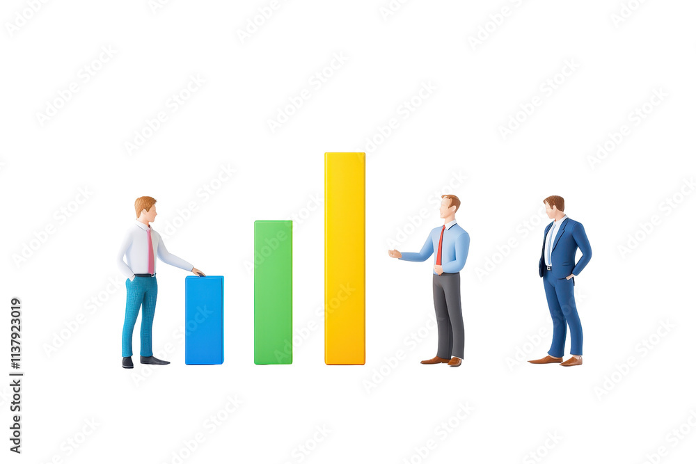 Poster three business professionals discussing a growth chart represented by colorful bar graphs.