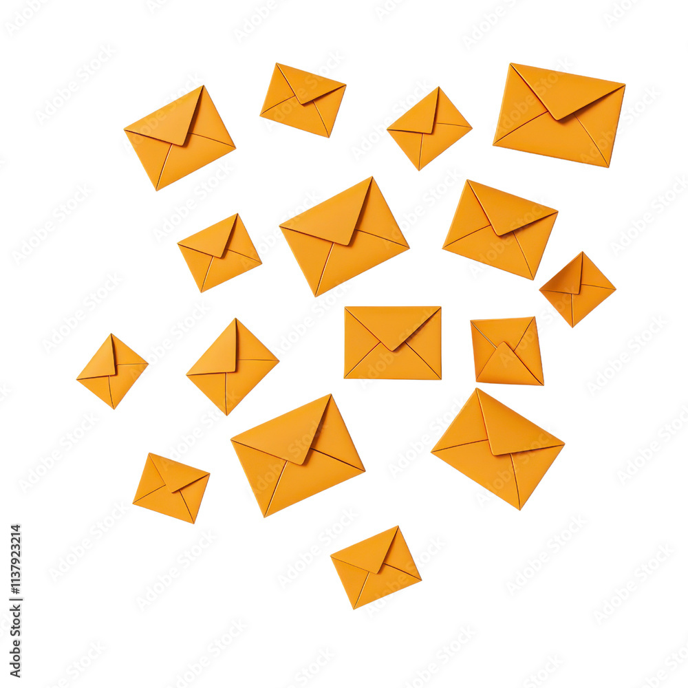 Poster a collection of orange envelopes in various sizes and orientations.