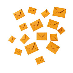 A collection of orange envelopes in various sizes and orientations.