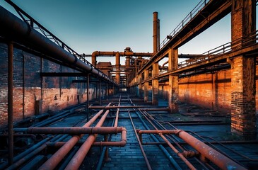 Obraz premium Industrial Ruins: A haunting and evocative image of an abandoned industrial complex bathed in the golden light of dusk. The intricate network of pipes, rusted and weathered.