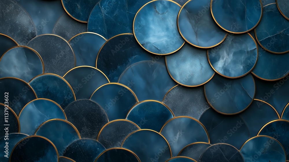 Poster colorful circular patterns in deep blue tones create a striking visual texture with gold accents