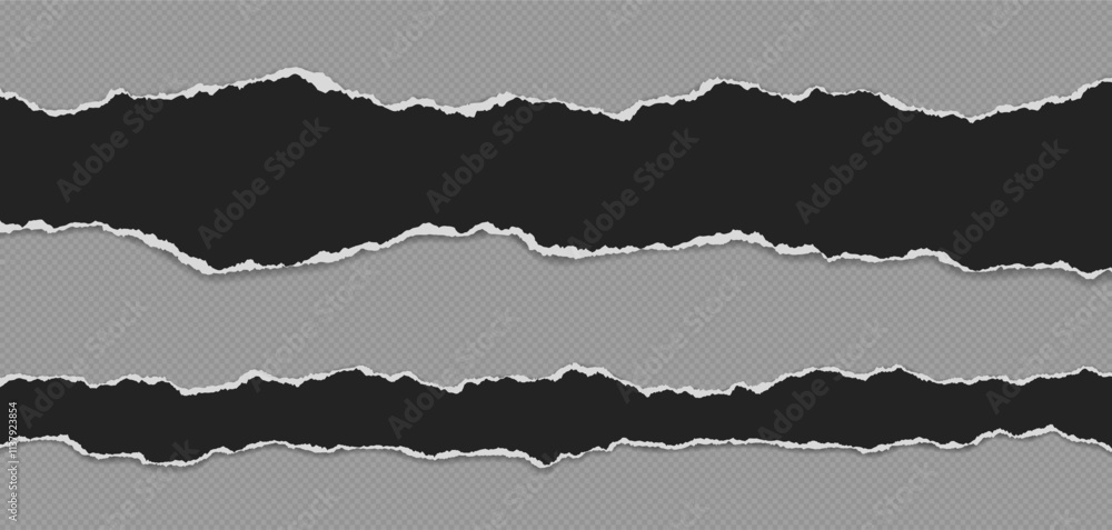 Aufkleber black piece of paper with torn edges and soft shadow are on grey background for text or ad.