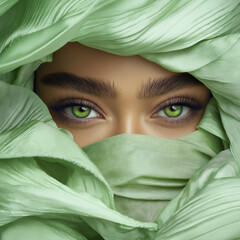 The mysterious green eyes of a woman in light mint fabric with an emerald look framed by thick eyebrows and eyelashes create an atmosphere of mystery, beauty and oriental style.