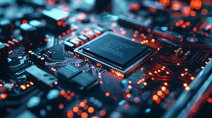 Fototapeta premium Macro View of Circuit Board with Illuminated Components and Details