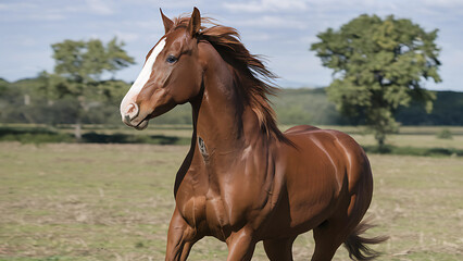 Obraz premium A photo of a brown horse with a white blaze running in a field. The horse is galloping with its mane flowing in the wind. The background is a vast green field with a few trees. The sky is clear.