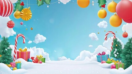 Festive celebration scene with colorful decorations and gifts in a winter wonderland