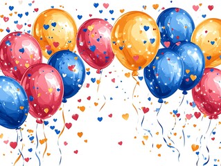 A charming Valentine's Day postcard showcasing a playful arrangement of colorful balloons and heart-shaped confetti scattered across the top and bottom borders. The balloons come in bright colors 