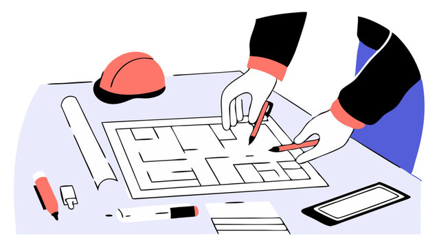 Engineer Drafting Blueprints for New Technology. Perfect for: Engineering firms, innovation centers