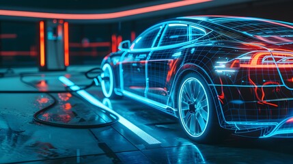 Naklejka premium Futuristic Electric Car in Neon Glow with Charging Station Background
