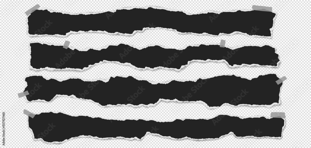 Poster black piece of paper with torn edges and soft shadow are on grey background for text or ad.