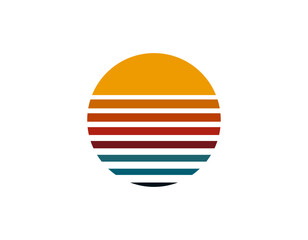 Bright retro sun circle with bold geometric lines, capturing the vibrant style of the 80s and 90s.