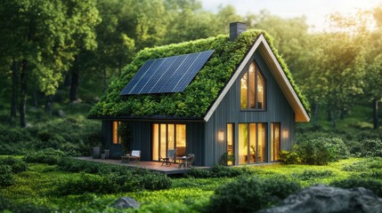 Obraz premium Eco-friendly modern cabin nestled in lush forest with solar panels and green roof.
