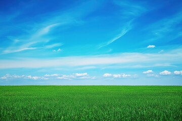 Obraz premium Lush Green Grass Field Under a Clear Blue Sky with White Clouds