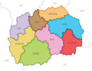 Fototapeta premium Vector illustrated map of North Macedonia with statistical regions and administrative divisions, and neighbouring countries and territories. Editable and clearly labeled layers.