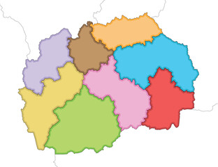 Vector illustrated blank map of North Macedonia with statistical regions and administrative divisions, and neighbouring countries and territories. Editable and clearly labeled layers.