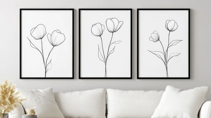 Minimalist flower posters in cozy interior