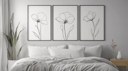 Minimalist flower posters in cozy interior