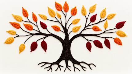 Fototapeta premium Embroidered Autumn Tree on White Background