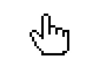 A digital, pixelated cursor hand symbol in black, displayed prominently on a white background.